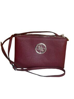GUESS Burgundy Double Zip Crossbody Bag Gold Logo Medallion Purse